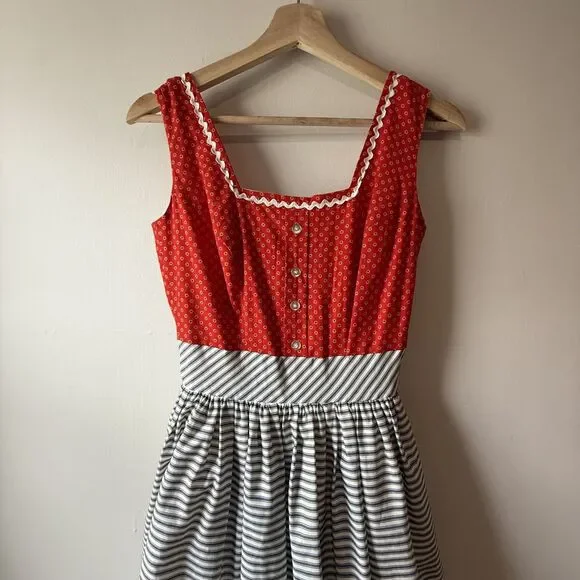 Vintage Handmade Prairie Tiered Cotton Dress / Ric-Rac, Fitted Folk Cottagecore - Picture 13 of 14